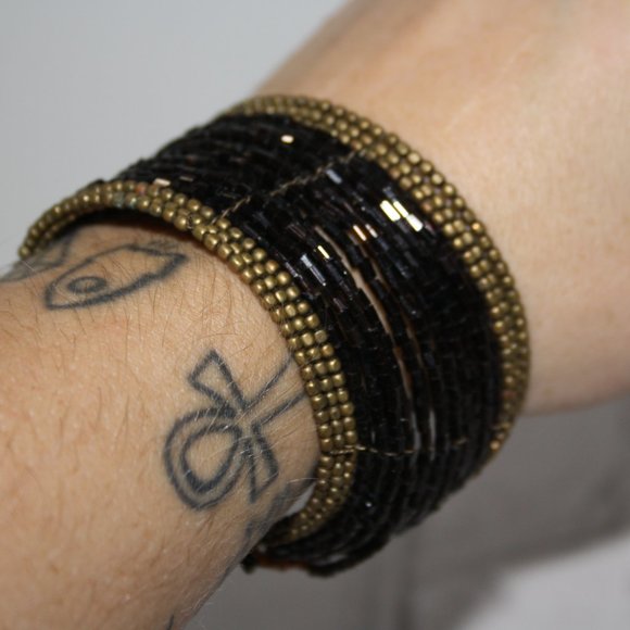 Beautiful brown glass and gold beaded cuff bracelet 1 3/8" tall - Picture 1 of 4